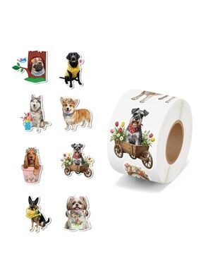 Roll of 500 Dog Stickers with Colorful Floral Designs